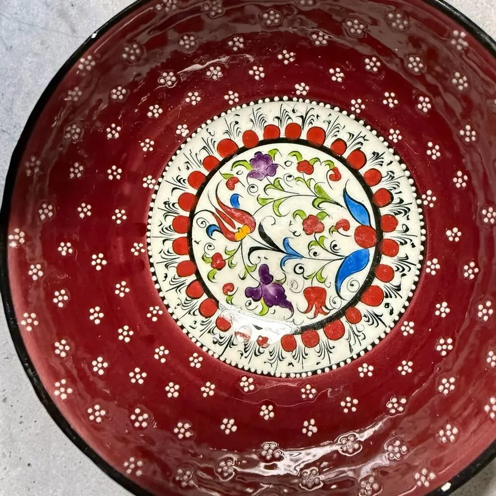Nimet Handmade Hand Painted Turkish Bowl Set of 4 Red Floral Pottery